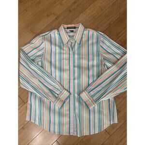 Lauren Ralph Lauren Button Up Shirt Vertical Striped Preppy Effortless Sz PL